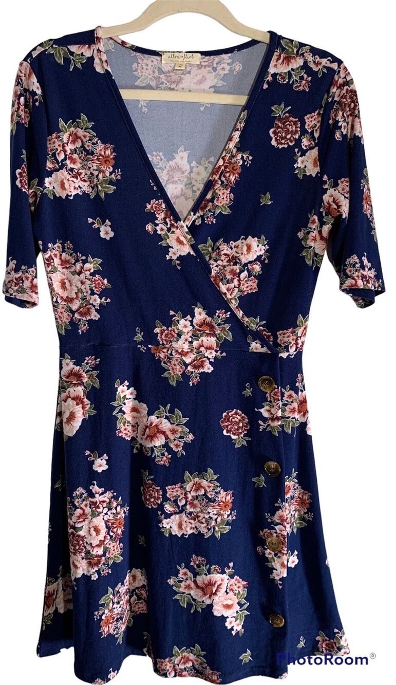 Women's Size M Blue & Blush Floral Stretch Faux Wrap Summer Dress